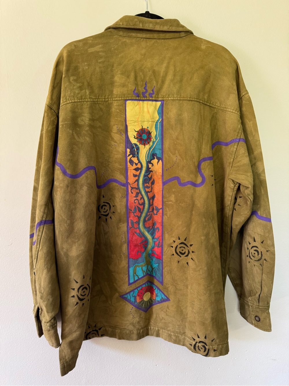 Vintage 90s WEK ButtonUp Shirt Sm/Med Olive Green Sun Graphic Cosmic Art To Wear